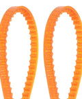 Two orange MB350 Triangle V Belt Duo for old school household electric sewing machines, PU material, showing toothed inner surfaces.
