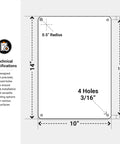Technical diagram of Construction Zone Danger Sign Requiring Hard Hats, Safety Glasses, And Safety Shoes For Job Sites, 10x14 Inches, 55 Mil Thick HDPS Material, Lightweight Yet Durable, Made In USA showing dimensions and hole placements.