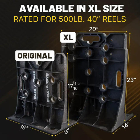 Heavy-Duty Wire Spool Rack And Dispenser For Electricians shown in XL size, rated for 500 lb, 40-inch reels next to original size.