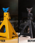 Industrial High Solids Spray Paint With Boss Coverage For MRO Jobs Flat White Finish displayed on jack stands before and after