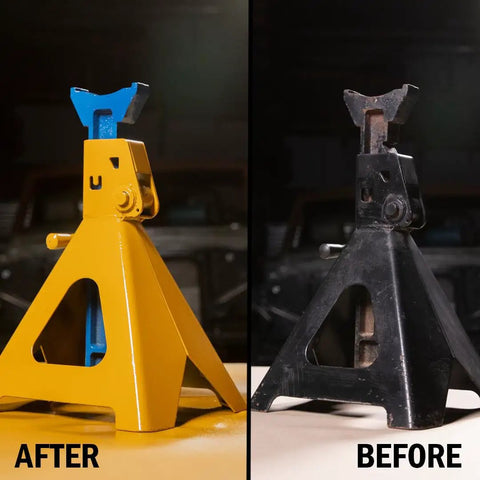 Industrial High Solids Spray Paint With Boss Coverage For MRO Jobs Flat White Finish displayed on jack stands before and after