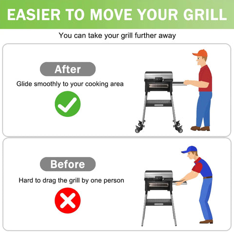 Diagram showing before and after using Caster Wheels Set For Griddle Stand 2 Inch Heavy Duty Casters With 360 Degree Swivel.
