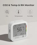 CO2 Monitor Thermometer Hygrometer With Remote IoT Alerts displaying CO2, temperature, and humidity readings for indoor use