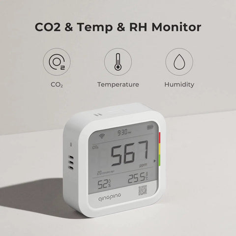 CO2 Monitor Thermometer Hygrometer With Remote IoT Alerts displaying CO2, temperature, and humidity readings for indoor use
