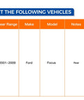 Fitment table for Ford Focus 2001-2009 showing rear compatibility for Pair Rear Wheel Hub And Bearing Assembly For Ford Focus 2001 To 2009 With Rear Disc Brakes Budget-Friendly OE Quality Replacement To Restore Smooth Handling Tough Wheel Hub Kit For Long-Lasting Performance