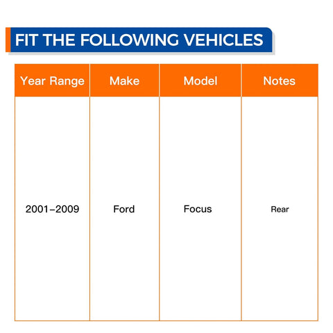 Fitment table for Ford Focus 2001-2009 showing rear compatibility for Pair Rear Wheel Hub And Bearing Assembly For Ford Focus 2001 To 2009 With Rear Disc Brakes Budget-Friendly OE Quality Replacement To Restore Smooth Handling Tough Wheel Hub Kit For Long-Lasting Performance
