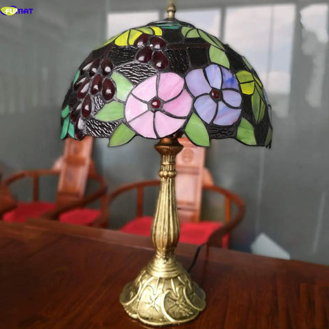 Tiffany Style Grape Rose Dope Stained Glass Table Lamp Handcrafted For Bedroom Living Room And Home Office Desk Decor With LED E26 Bulb Included 12x12x18 Inches