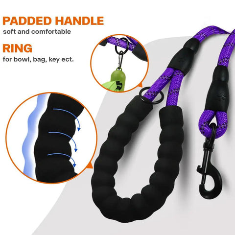Built Tough Rope Dog Leash 6 Ft With Padded Handle Reflective Threads Anti Tangle Clip for Walking Medium And Large Dogs, Purple