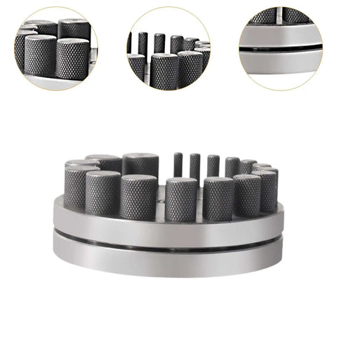 Circular Disc Cutter Set For Metalworking Heavy Duty Punch Die Kit with compact base and 17 high-carbon steel dies for jewelry making.