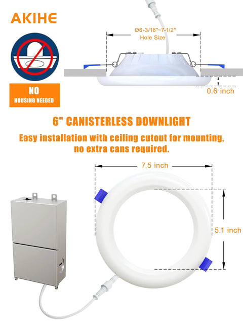 6 Inch Canless Recessed LED Dimmable Pot Downlights With 5Cct Indirect Ceiling Fixtures, showing easy installation without housing.