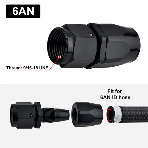 6AN Hose End Fitting Straight Swivel For CPE Braided Hose Black Aluminum 6061 T6 9 16 UNF Thread Pack Of Four For Stainless Steel And Nylon Braided Lines, 9/16-18 UNF
