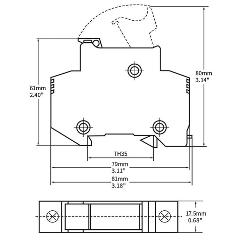 Technical diagram of 5-Pack Solar PV DIN Rail Fuse Holder 1 Pole 30A 1000VDC And 32A 690VAC High-Voltage Rated RT18-32 dimensions