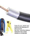 Professional Stripping And Crimping Pliers Set For Coaxial Cables RG59 RG6 RG11 with visible coax cable and adjustable tools