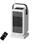 Fast 2 Second Warmth Ceramic Space Heater For Indoor Use with remote, shown with carry handle and mesh front in compact design.