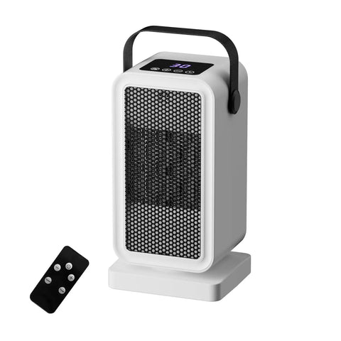 Fast 2 Second Warmth Ceramic Space Heater For Indoor Use with remote, shown with carry handle and mesh front in compact design.