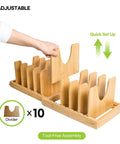 Adjustable Expandable Bamboo Pots And Pans Organizer Under Cabinet With dividers for bakeware and cutting boards.