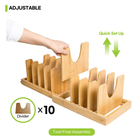 Adjustable Expandable Bamboo Pots And Pans Organizer Under Cabinet With dividers for bakeware and cutting boards.