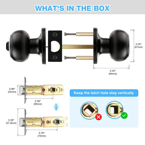Diagram showing components of Six Pack Matte Black Interior Door Knobs For Bedroom And Bathroom Privacy Round Ball Design.