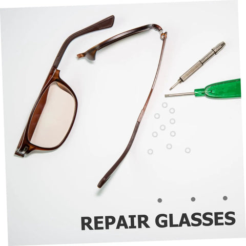200-Piece Eyewear Repair Kit With Metal Spacers And Washers For Quick Eyeglass Frame Repairs shown with broken glasses and tools