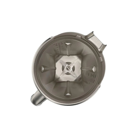 Top view of 48-Ounce Stainless Steel Blender Container With Self-Detect, inner blades visible, dishwasher safe, BPA-free lid.