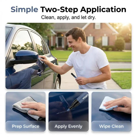Man using Car Scratch Remover Pen, Quick Touch Up Tool For Cars, Portable Universal Auto Paint Repair Pen on car door.