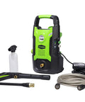 Powerful 1500 PSI 1.2 GPM Pressure Washer With Upright Hand Carry, accessories, hose and power cord, suitable for decks.