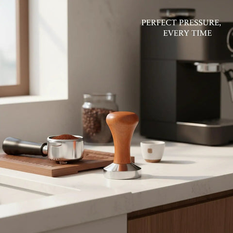 Top Shelf Espresso Coffee Tamper With Polished Stainless Steel Base And Sturdy Wooden Grip on a kitchen countertop.