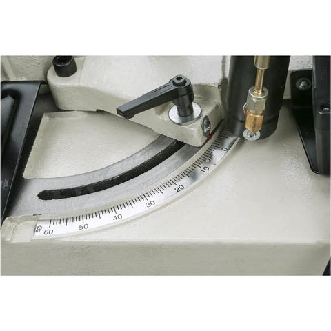 Badass Metal Cutting Bandsaw With Swivel Head And Five By Six Inch Cutting Capacity Powered By Rock Solid Half Horsepower Motor Running Clean On 110V Or 220V For Smooth Shop Chores