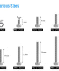 310 Piece Stainless Steel 304 Hex Socket Head Cap Bolts Screws Nuts Kit With Allen Wrench M2 M4 M6 M8 M10 M12 M16 M20 For DIY Projects Robotics And Mechanical Fasteners showing various bolt sizes M2 x 4mm to M2 x 20mm