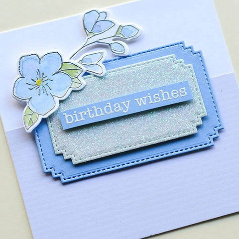 Greeting card featuring blue stitched nesting frames from 7 Piece Rectangle Frame Die Cut Set With Stitched Nesting Frames For DIY Scrapbooking