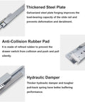 Undermount Drawer Slides Soft Close Full Extension Ball Bearing Rails Bottom Mount with thickened steel, rubber pads, hydraulic damper.