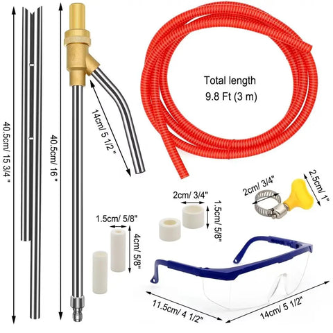 Pressure Washer Wet Sandblasting Kit 5000 PSI With Quick Disconnect 1/4 Inch For Tough Rust And Paint Removal, Replacement Ceramic Nozzles, Includes 3 M Hose, 16 Inch Wand, 15 3/4 Inch Sand Wand, Goggles, Clamps And Rubber Bands displayed on a white background.