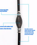 Close-up of 3/8 Inch Nylon Braided Marine Fuel Hose Line with Primer Bulb, 6 Feet, Ethanol Compatible, stainless clamps.
