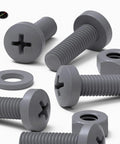 Top Shelf M6 X 20 Millimeter Polypropylene Cross Pan Head Bolts Kit With Corrosion Resistant Nuts And Washers For Straight Up DIY Fixes And Heavy Duty Assembly Work In Slick Dark Gray, showing gray polypropylene bolts, nuts, and washers.