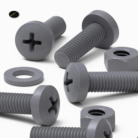 Top Shelf M6 X 20 Millimeter Polypropylene Cross Pan Head Bolts Kit With Corrosion Resistant Nuts And Washers For Straight Up DIY Fixes And Heavy Duty Assembly Work In Slick Dark Gray, showing gray polypropylene bolts, nuts, and washers.