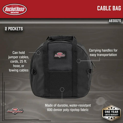 Auto Boss Cable Bag For Jumper Cables And Cords, 600 Denier Ripstop Water Resistant Fabric, with Handles and Pockets, Made In USA