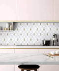 Tenedos Thassos white marble and gold glass diamond mosaic tile sheet, 3x3.5 inches, polished wall backsplash