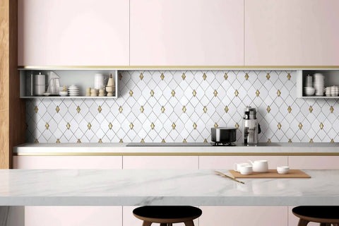Tenedos Thassos white marble and gold glass diamond mosaic tile sheet, 3x3.5 inches, polished wall backsplash