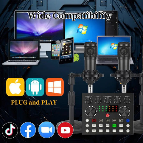 Two Microphone Podcast Bundle With BM 800 Studio Condenser Mics, Upgraded Sound Card, Dual Desktop Stands, All In One Interface