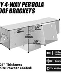 15 Degree Pergola Bracket Kit 4x4 Four Way Right Angle Corner Bracket white powder coat dimensions and features illustration