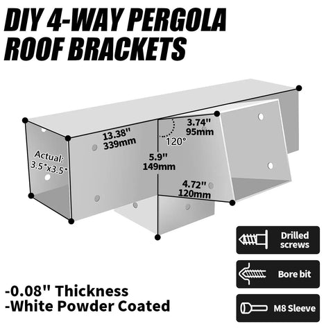 15 Degree Pergola Bracket Kit 4x4 Four Way Right Angle Corner Bracket white powder coat dimensions and features illustration