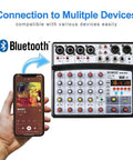 Six Channel Audio Mixer For Live Streaming Karaoke And Home Studio Recording With USB MP3 Bluetooth Four XLR Line Combo Inputs Independent 48V Phantom Power Per Channel PC Playback And DSP Effects, showing Bluetooth connection