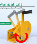 Heavy Duty Hand Crank Winch Featuring Dual Ratchet Brake And Precision Bearing Drivetrain For Rock Solid Performance with yellow manual lift.