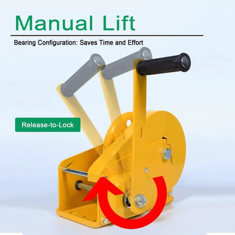 Heavy Duty Hand Crank Winch Featuring Dual Ratchet Brake And Precision Bearing Drivetrain For Rock Solid Performance with yellow manual lift.