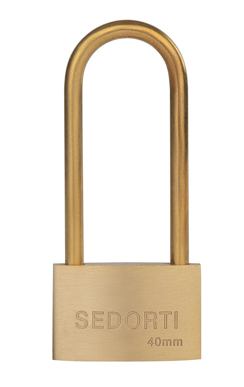 SEDORTI brass padlock with long shackle, 40mm body, front view