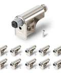 Set Of 10 Universal Soft Close Cabinet Door Dampers with silver finish and screws for kitchen and bathroom cabinet installation.