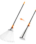Long Handle Leaf Rake For Lawns With Adjustable Head 61 Inch Heavy Duty Rake Made From High Carbon Steel Tines Zinc Plated For Rust Resistance Ideal For Leaves Cleanup And Yard Work, showing expanded and collapsed views of the rake head.