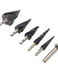 Ultra Sharp Step Drill Bit Set With 4 Flutes For Fast Cuts Through Stainless Steel Hard Metal Wood And Plastic Plus Heavy Duty M35 Cobalt Pagoda Design With 1 4 Inch Shank No Walking Allowed five bits on white