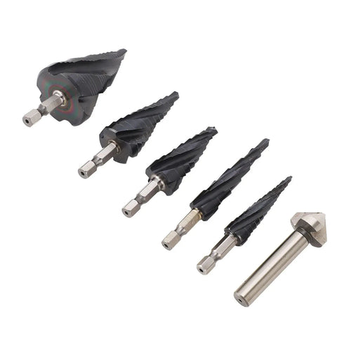 Ultra Sharp Step Drill Bit Set With 4 Flutes For Fast Cuts Through Stainless Steel Hard Metal Wood And Plastic Plus Heavy Duty M35 Cobalt Pagoda Design With 1 4 Inch Shank No Walking Allowed five bits on white