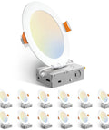 Ultra Thin 6 Inch 5CCT LED Recessed Downlight With Junction Box 12 Pack Canless Wafer Dimmable 12W 1050 Lumens Five Color Temp Switch ETL And FCC Listed Easy Install Remodel Kit with junction box and dimmer switch